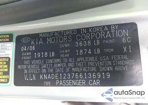 2006 Kia Rio Lx из США, поврежденный, VIN KNADE123766136919